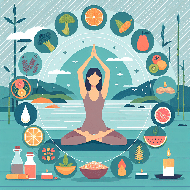 person practicing yoga with healthy food and spa background
