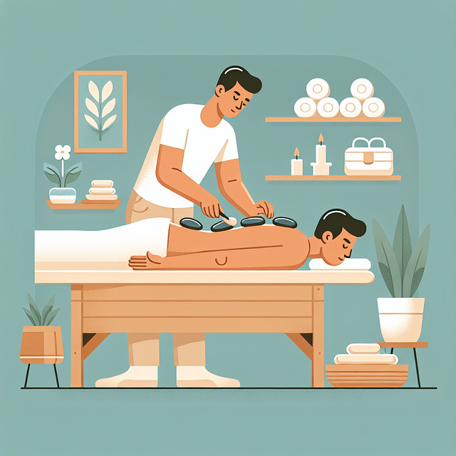 A therapist performing a hot stone massage with fluid, rhythmic strokes