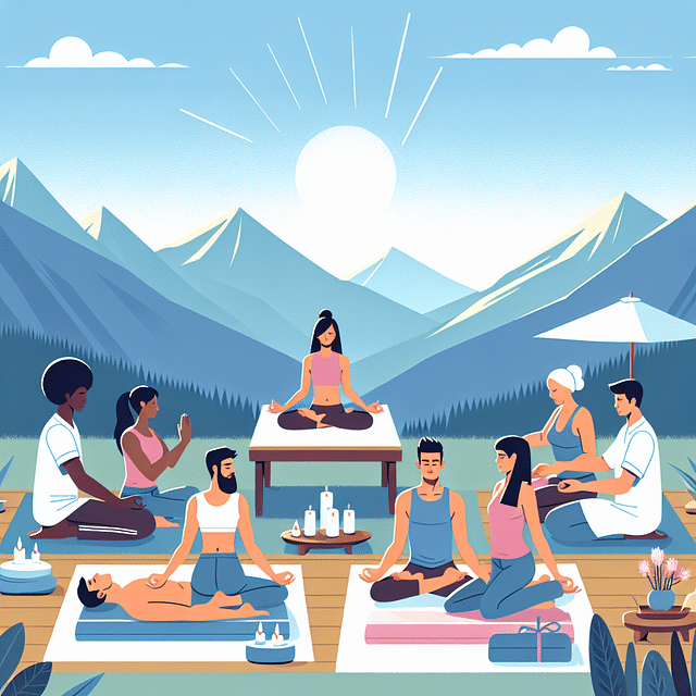 outdoor yoga session with mountain view, massage therapy with essential oils