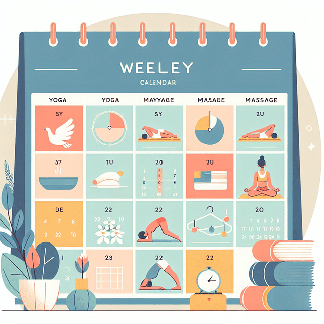 weekly wellness calendar with yoga and massage days marked